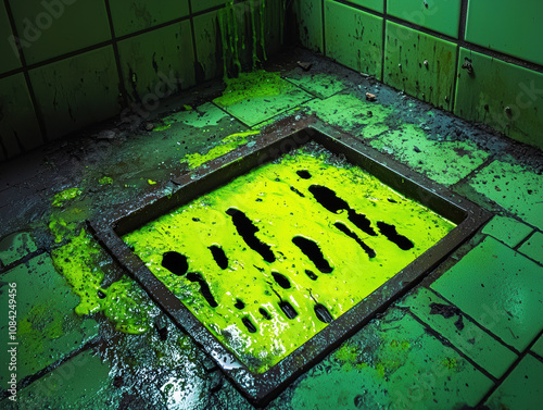 Glowing yellow liquid pooled in a rusty tiled floor, creating a mysterious and industrially textured setting. photo