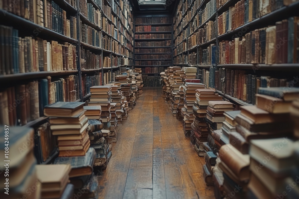 Obraz premium charming old library filled with countless books on shelves, bathed in warm light, evoking a sense of nostalgia and a love for literature within a cozy atmosphere
