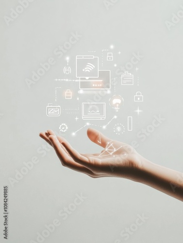 A hand extends towards a computer featuring various icons related to settings and security, representing digital management and safety. Generative AI photo