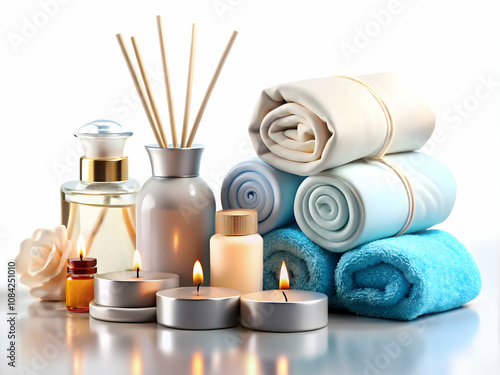 Glossy background with arranged spa towels essential oils and candles copy space on side. concept as Elegant glossy background featuring neatly arranged spa towels essential oils and candles symbolizi photo