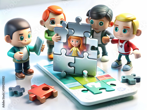 Futuristic portrait of team members solving a puzzle with digital overlays symbolizing forward thinking collaboration copy space on bottom. concept as Futuristic portrait of team members solving a puz photo