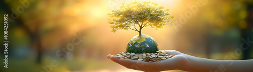 Hand holding globe with tree growing from coins and copy space concept as A soft abstract image features a hand holding a globe with a tree growing from a pile of coins symbolizing global environmenta photo