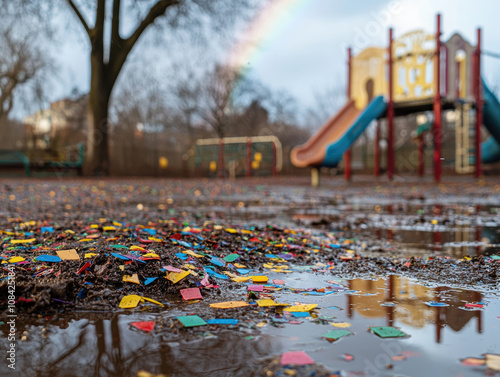 Playground with plastic litter scattered across muddy puddles under a fading rainbow.