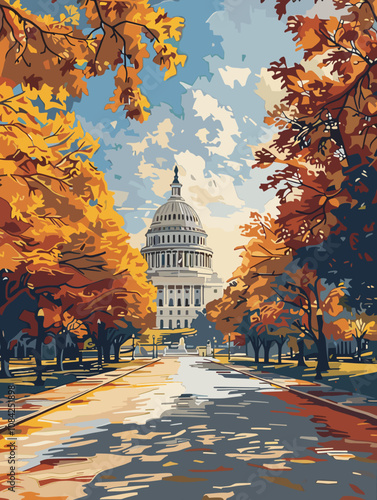 Painting of the U.S. Capitol building with trees in the background. The painting is in a style of watercolor