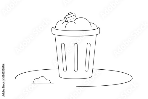 Overflowing Trash Can with Bags Line Art Vector Illustration