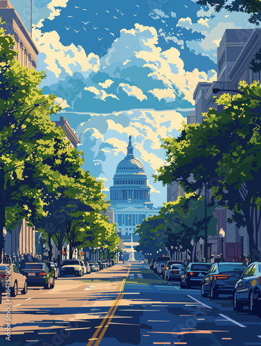 Painting of a city street with a large building in the background. The street is lined with trees and cars are driving down the road. The mood of the painting is peaceful and serene