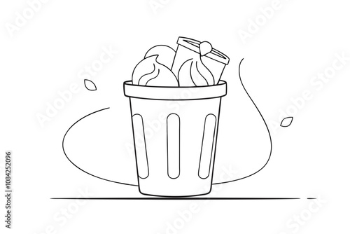 Overflowing Trash Can with Bags Line Art Vector Illustration