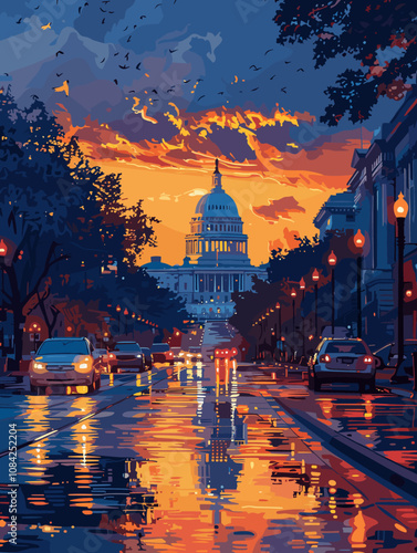 Painting of a city street with a large building in the background. The sky is orange and the street is wet