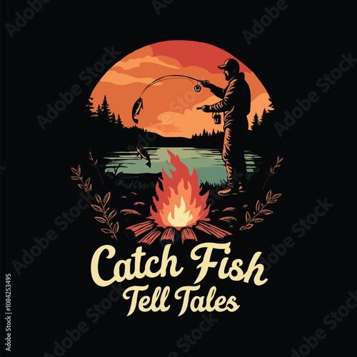 Catch fish tell tales typo with a awesome fishing illustration t-shirt design