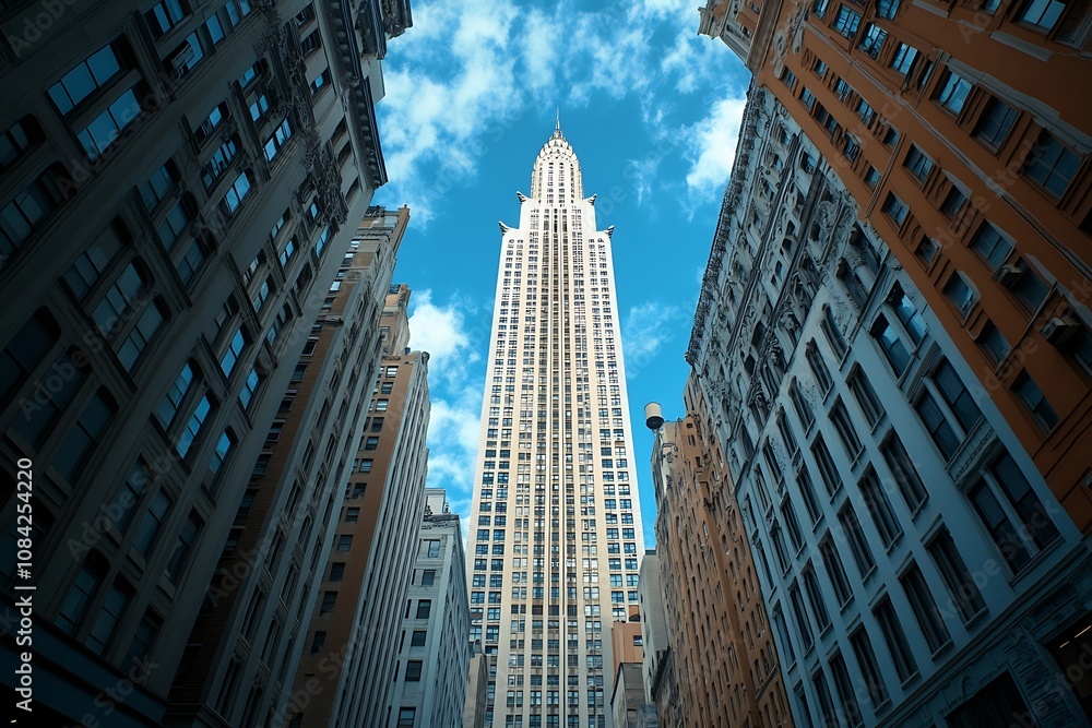Fototapeta premium Modern Skyscraper Contrasting Facades in Blue Sky
