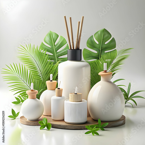 Plain background with arranged essential oil diffusers and plants copy space above. concept as Minimalist plain background displaying arranged essential oil diffusers and lush green plants representin photo