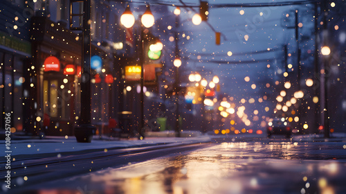 Blurred Winter Background of Snowy City Street at Twilight with Holiday Lights. photo