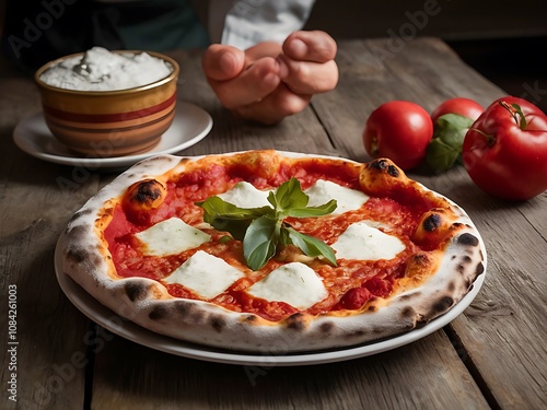 Pizza is a classic and beloved Italian pizza known for its simplicity and vibrant flavors. photo