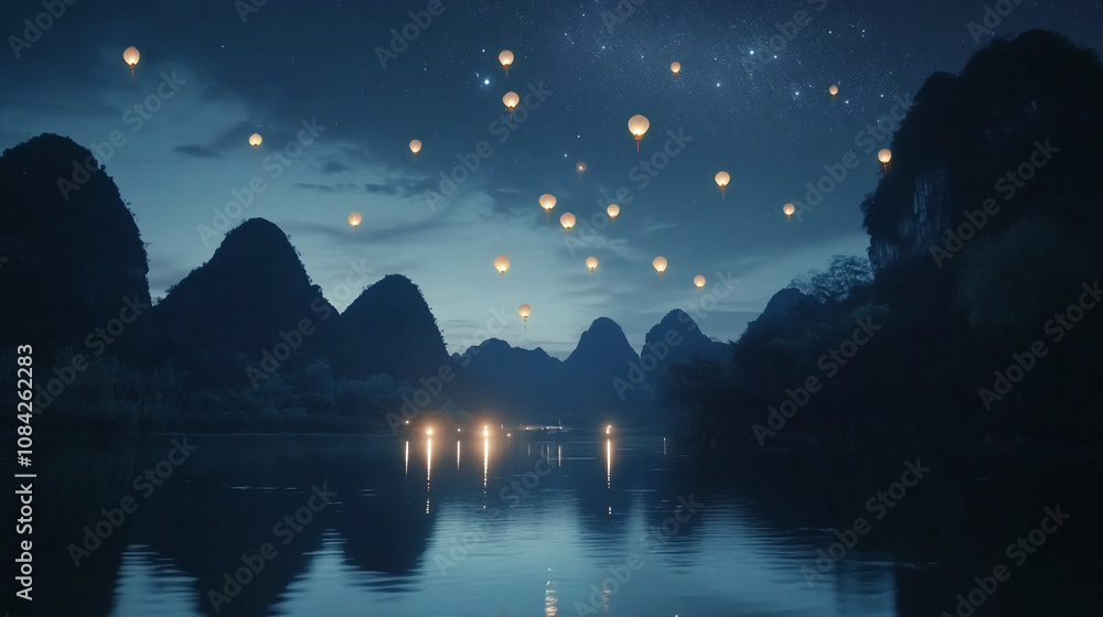 Naklejka premium Numerous sky lanterns ascend into the night sky above a serene river