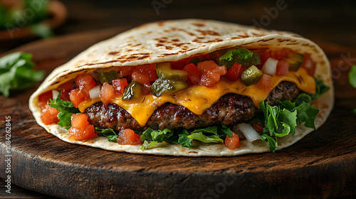 Gourmet Cheeseburger Taco with Juicy Hamburger Pattymelt Cheddar and Fresh Ingredients photo