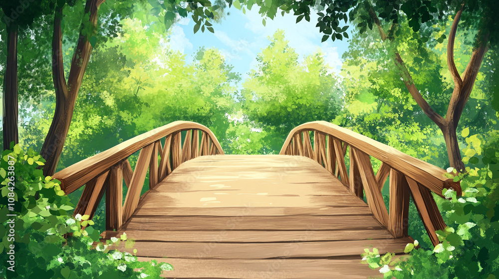 Fototapeta premium Wooden bridge surrounded by lush greenery in a serene forest during daylight