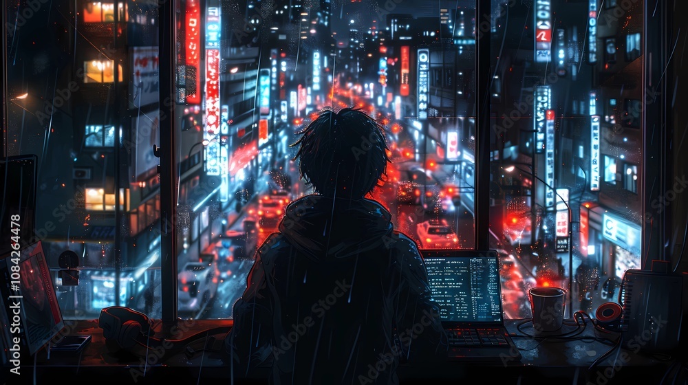 Obraz premium A young person coding in the office in front of a laptop, looking down onto the city at night, illustration, anime style, comic style, minimalistic color palette