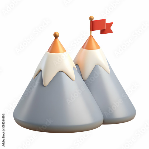 Vector of two mountain peaks with flags isolated on white background. concept as A striking vector illustration of two mountain peaks each with a flag planted on top symbolizing achievement and ambiti photo