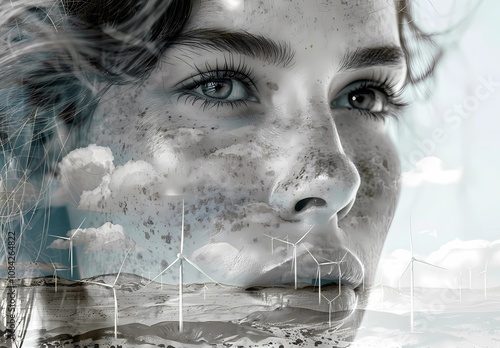 Black and white collage of a woman, mixed media, photos, a desert landscape with wind turbines, alongside a close-up photographic portrait of a female face, created using cut-out papers and magazine