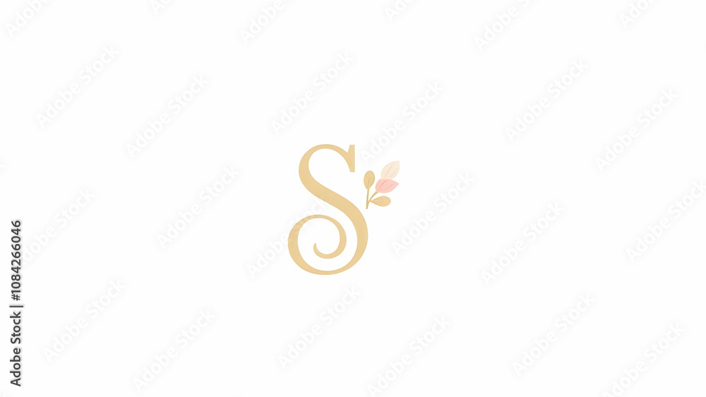 Obraz premium A sophisticated logo featuring a cursive golden S adorned with delicate pastel pink and beige floral elements on a white background.