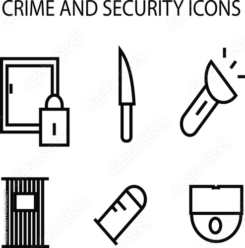 Six icons related to crime and security including locked door, knife, flashlight, jail bars, bullet, and security camera