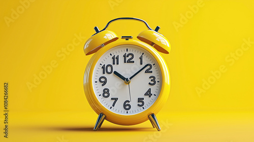Yellow vintage-style alarm clock with two bells on a vibrant yellow background. The clock is showing 10:10 and has a classic analog design with black numerals and hands.