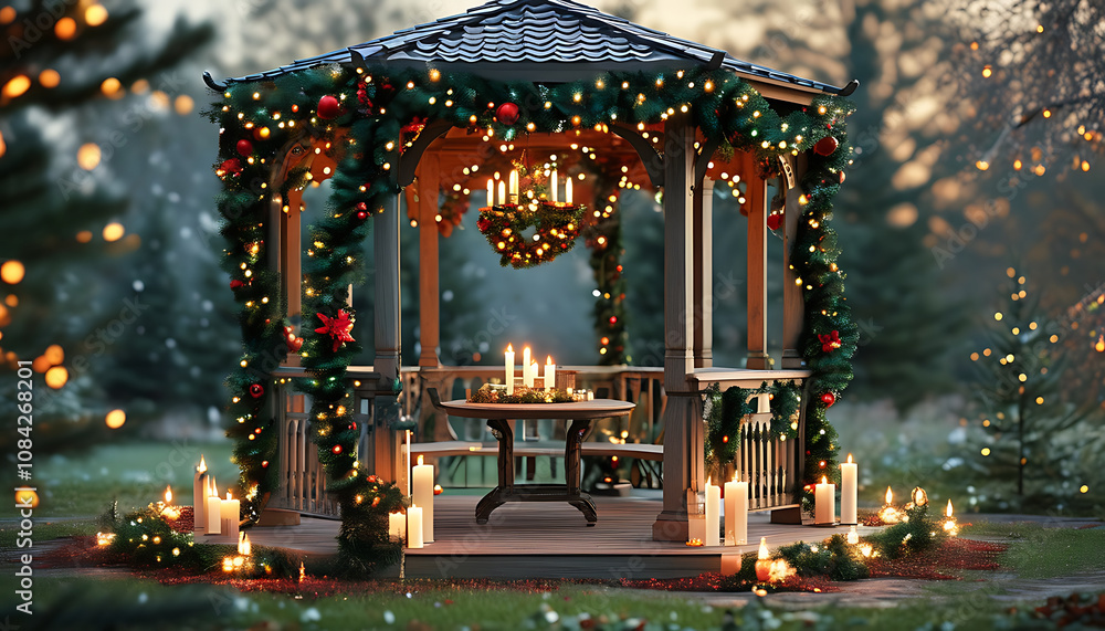 Fototapeta premium Romantic garden gazebo adorned with festive lights and decorations, creating cozy atmosphere