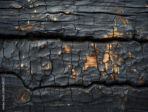 Close up shot of a piece of charred wood showing its intricate cracks and dark almost black surface