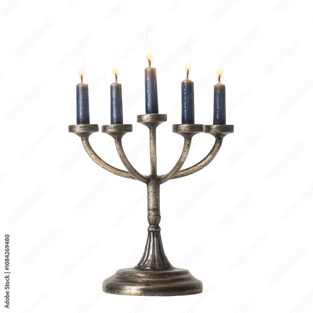 Fototapeta premium A beautifully crafted silver candelabrum with five blue candles, illuminating elegance., isolated on a transparent background.
