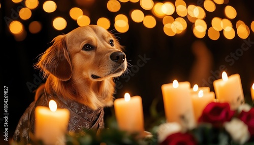 A charming dog in a customfit wedding suit, standing proudly on a wedding reception table adorned with candles and flowers, high resolution 8K photo