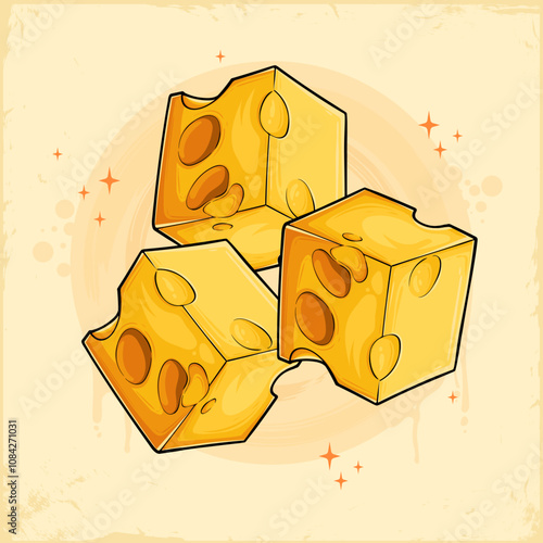 Hand drawn set of tasty delicious yellow holed eyes Swiss cheese squared portions , ready to eat