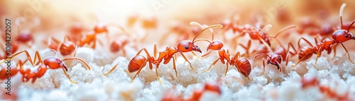 A close-up view of numerous red ants foraging on a surface, showcasing their intricate details and collective activity in a natural setting.