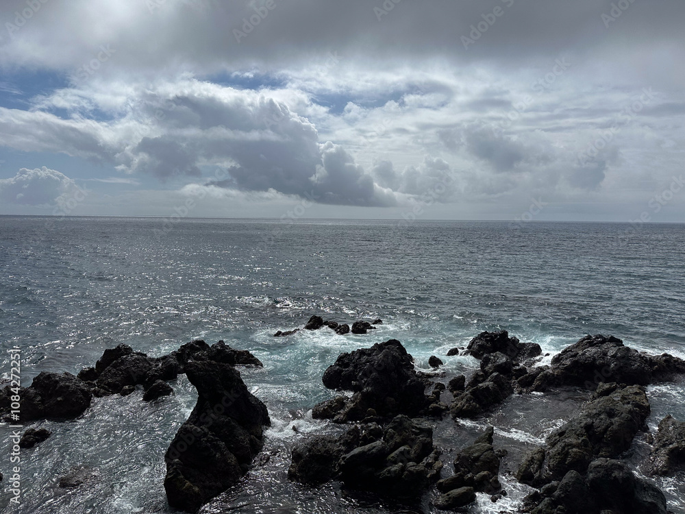 Fototapeta premium Dramatic Ocean View with Rocks Under Cloudy Sky