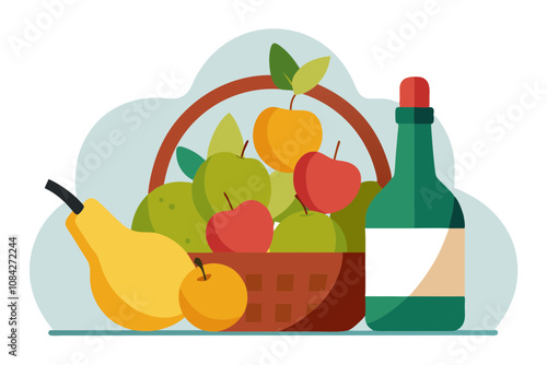 Basket of Pears and Apples with Wine Bottle Backdrop – A Perfect Still Life Scene