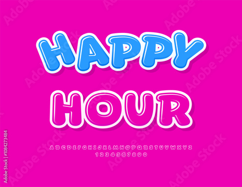 Vector promo poster Happy Hour. Glossy Pink Font. Comic style Alphabet Letters and Numbers set.