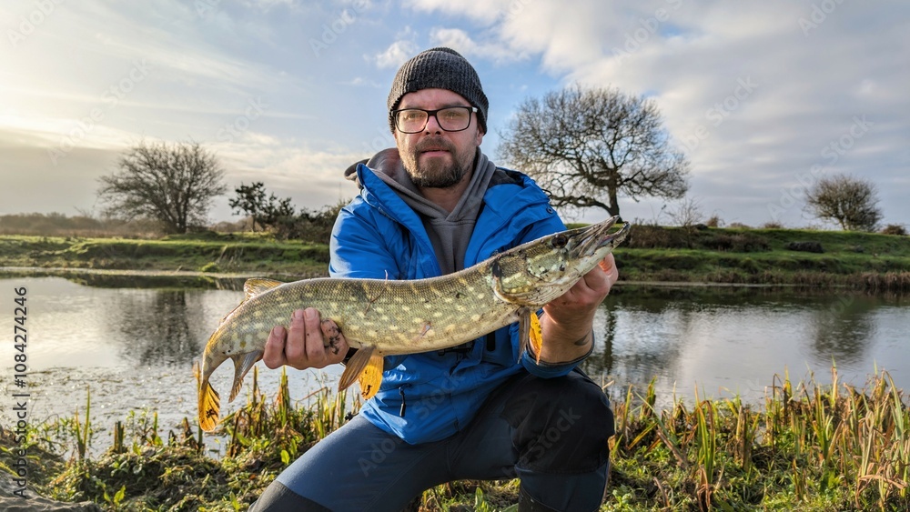 Man holding Northern pike freshwater fish caught in Cregg river, Galway, Ireland, water animals and wildlife, nature background, fishing, catch and release