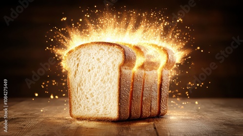 A sleek holographic loaf of bread with golden edges hovers gracefully in a minimalist space.