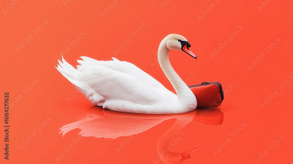 Obraz premium Elegant Swan Swimming Gracefully with a Red Travel Bag, Showcasing the Perfect Blend of Nature and Style on a Vibrant Orange Background
