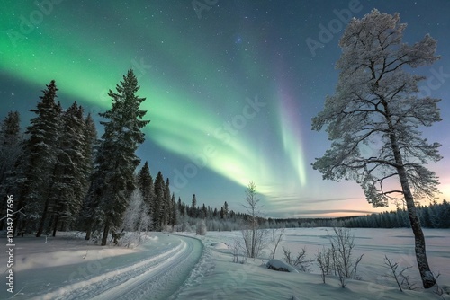 Softly glowing aurora borealis in a snowy winter landscape, frostbitten, winter, snow photo