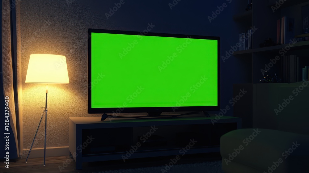Fototapeta premium A green screen television is on a white stand in a dimly lit room