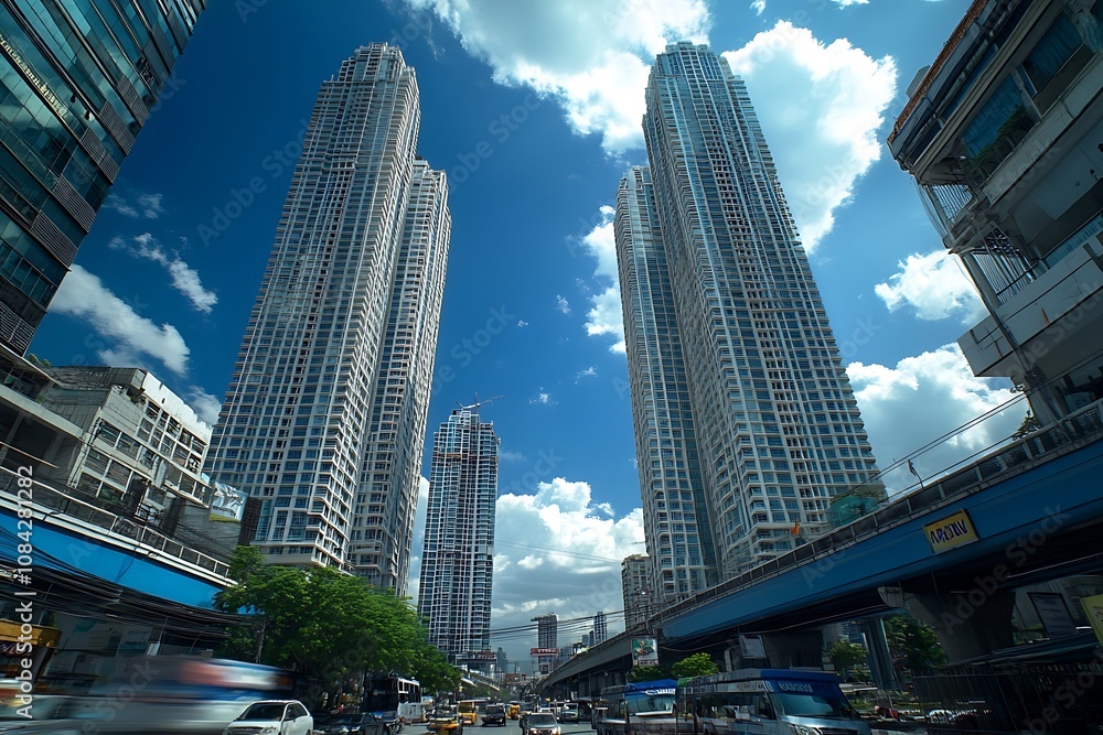 Fototapeta premium Tall Buildings Towering Over Busy City Street