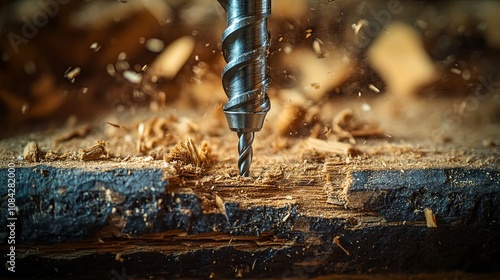 Wallpaper Mural A Drill Bit Pierces a Wood Surface, Releasing Sawdust Torontodigital.ca
