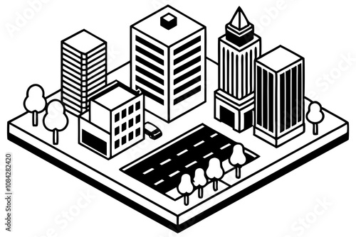 Isometric Vector of a Downtown Area Office Buildings, Shops, and Busy Streets Illustration