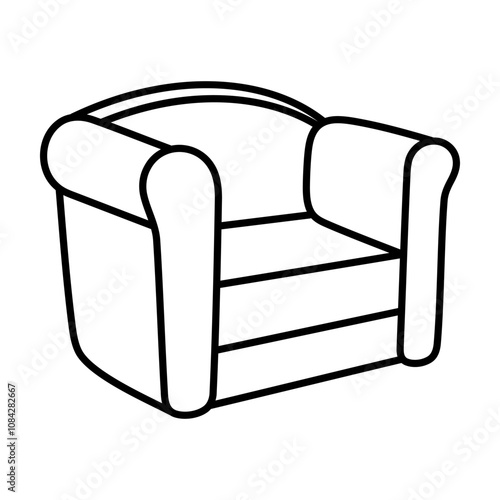 Armchair Outline Vector Illustration.  A black and white vector illustration of an armchair. The image depicts a comfortable, cushioned chair with rounded armrests and a curved backrest.