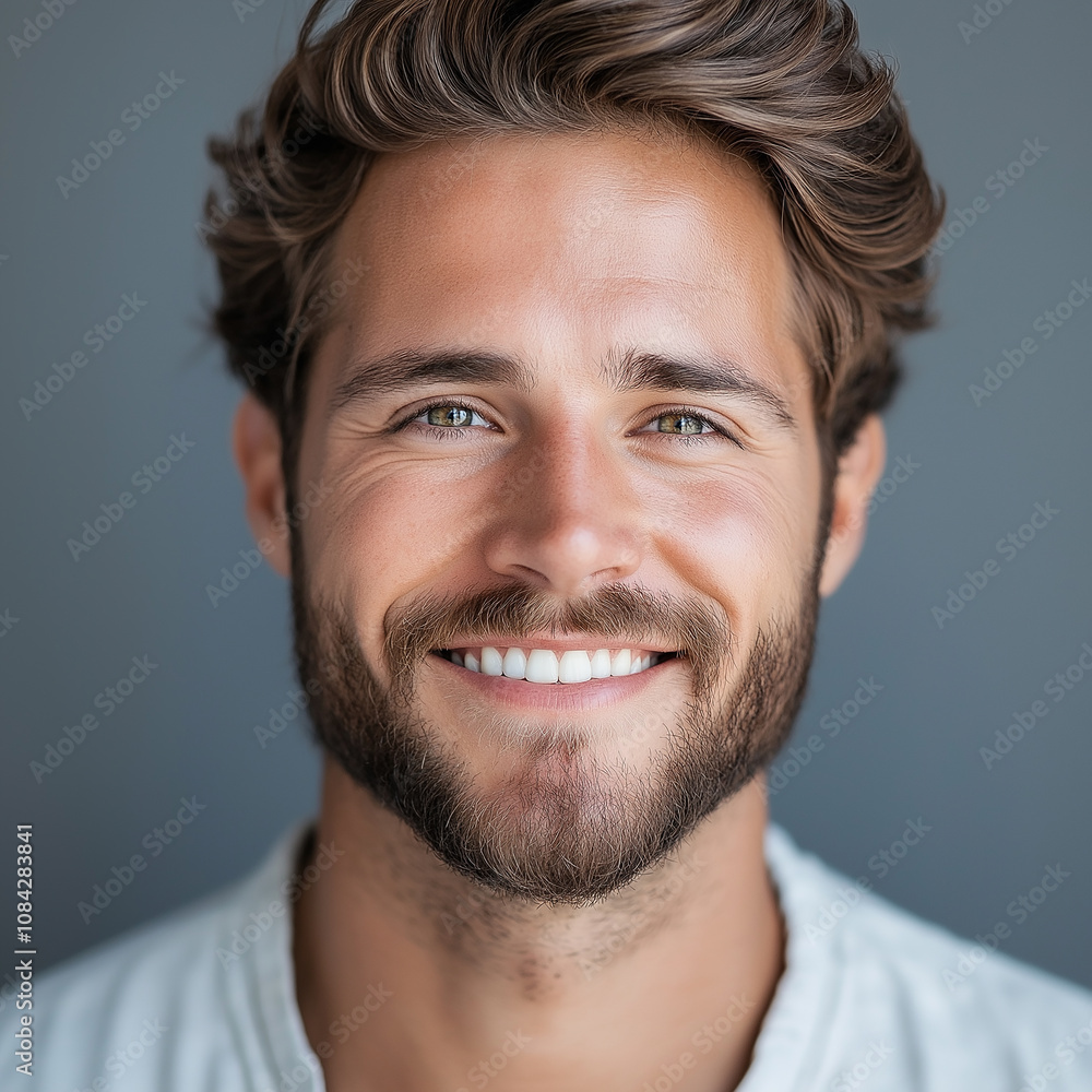 Fototapeta premium Handsome man with dark hair and beard smiling, close-up portrait, happy face