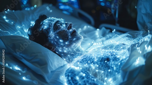 A man rests in a hospital bed, illuminated by ethereal blue light, representing the fusion of human consciousness with technology as night falls photo