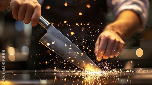 A chef sharpening a knife with a steel, causing sparks to fly