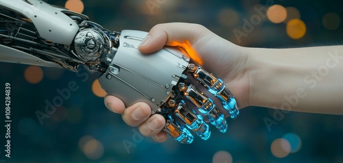 Futuristic Technological Partnership Closeup Robotic Handshake with Human Hand in Artificial Ambient Light - Innovation Collaboration Concept