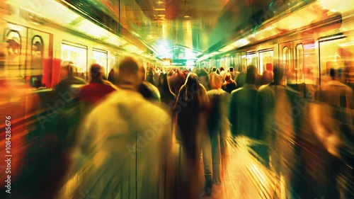  Crowd of people running out of subway station in panic 