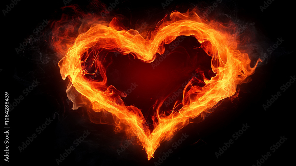 Fototapeta premium Fiery heart shape with glowing flames on a black background symbolizing passion and intense emotion